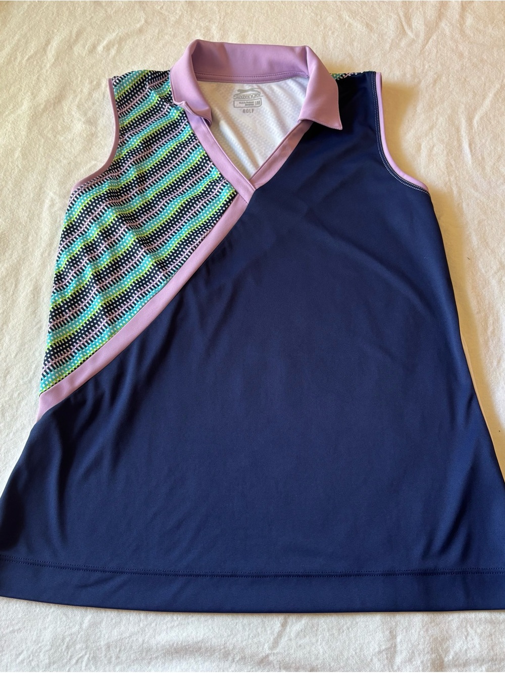 Slazenger Navy Sleeveless Golf Tank with Lavender Trim and Multicolor Knit Panel